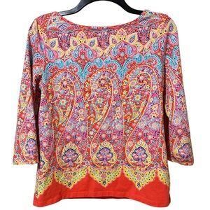 TALBOTS The Talbots Tee multi color floral pattern cotton blend 3/4 sleeve sz Mp